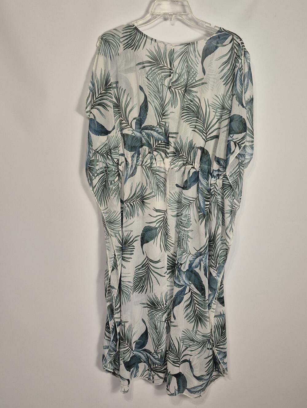 Kona Sol Tropical Palm Leaf Cover Up Dress Drawstring Waist White Blue M